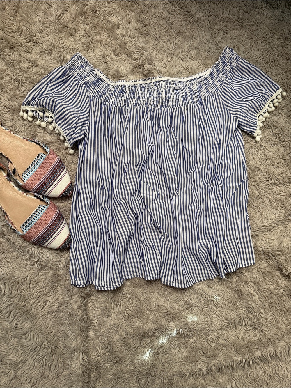 Off-Shoulder Blue & White Striped Women's Top - Picture 5 of 5